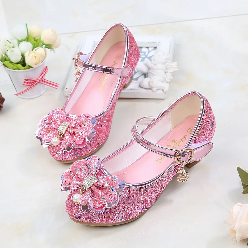Girl Children Sequins High-heeled Dress Shoes Kids Spring& Autumn Butterfly-knot Party Wedding Princess Girls Shoes CSH814