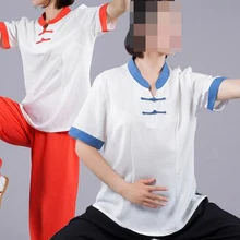 Летняя хлопковая и льняная футболка женский костюм Тай Чи женский короткий рукав taijiquan форменные футболки Единоборства Тай Чи одежда