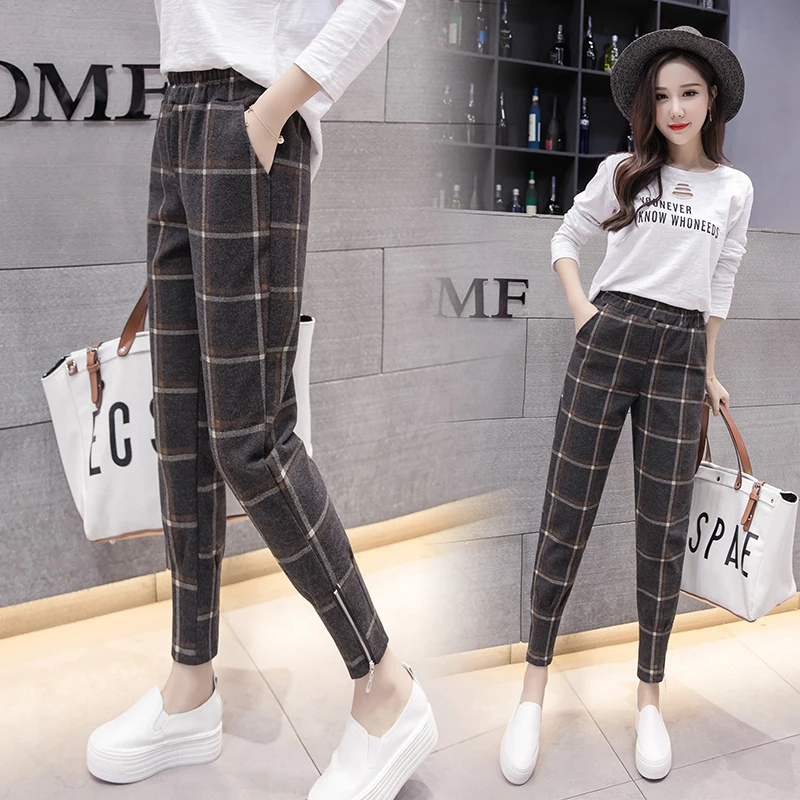 

JKKUCOCO Ankle-length Women Harem Pants High Elastic Waist Pocket Casual trousers Warm Woolen Autumn Winter Women Plaid Pants