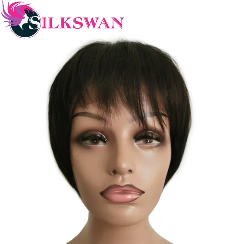 

Silkswan Brazilian Hair Short Pixie Cut Wigs With Bangs 100% Remy Lace Front Natural Color Customized Short Wigs