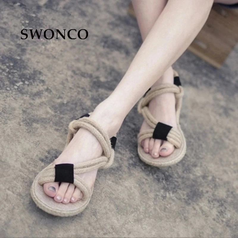 

SWONCO Women's Sandals 2018 Linen Fashion Narrow Band Female Shoes Summer Sandals Women Beach Casual Flat Shoes Woman Shoe