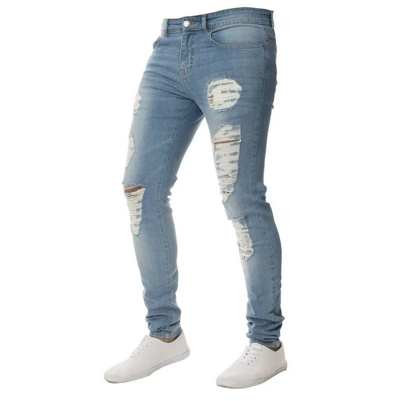 2019 New Casual Skinny Jeans Men Fashion Solid Black Male Denim Pencil Jeans Plus Size Sexy Hole Streetwear Mens Ripped Jeans