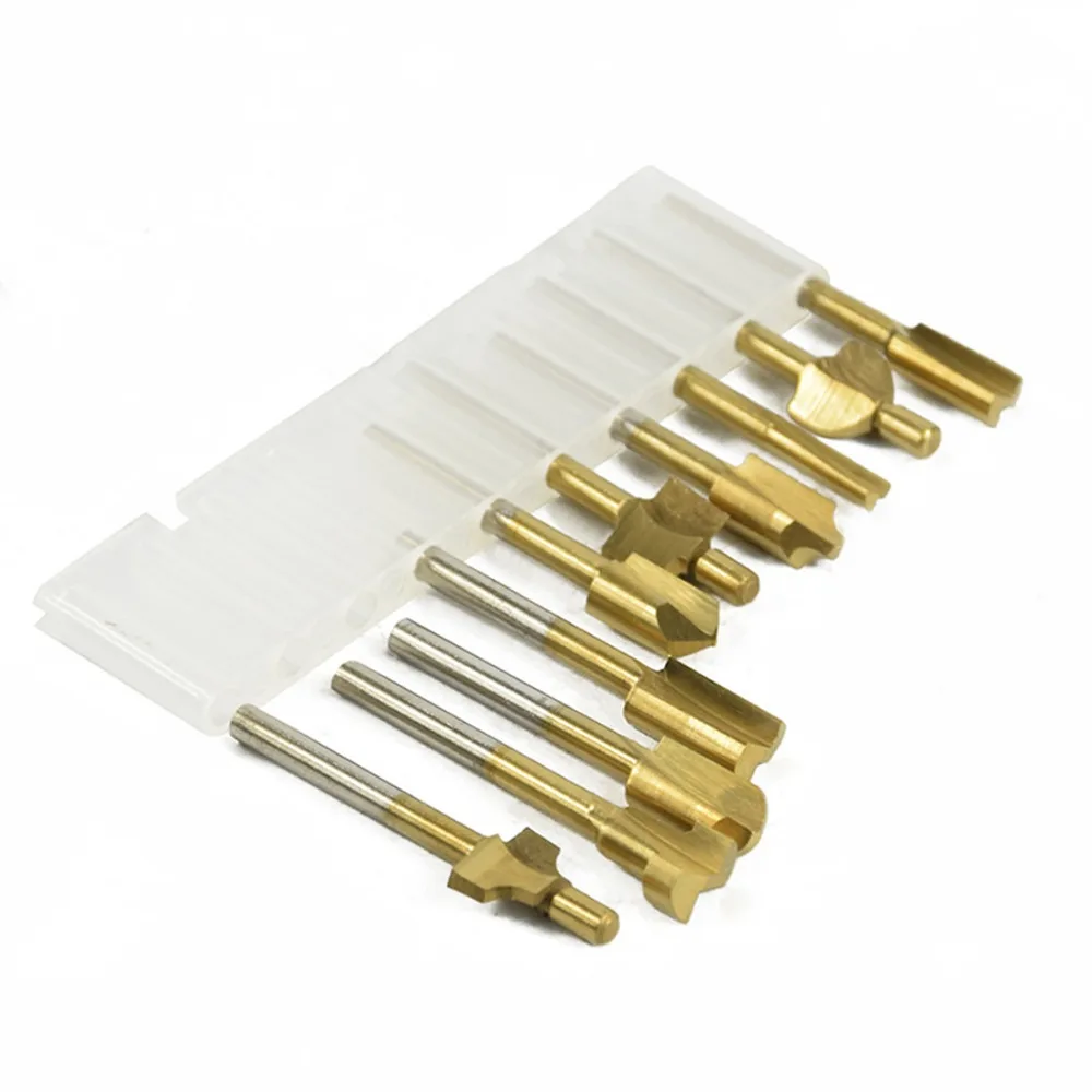 

10pcs Set Box 3mm HSS Titanium Router Bits Wood Cutter Milling Fits Rotary Tool Engraving Machine Knife Sharpening Slot