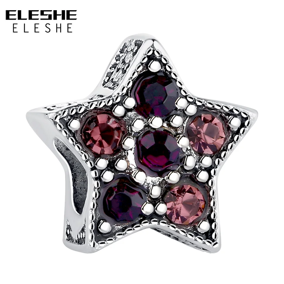 

ELESHE Authentic Spacer Silver Color Purple Crystal Twinkle Star Beads Charms Fit Original Pandora Bracelet Necklace DIY Jewelry