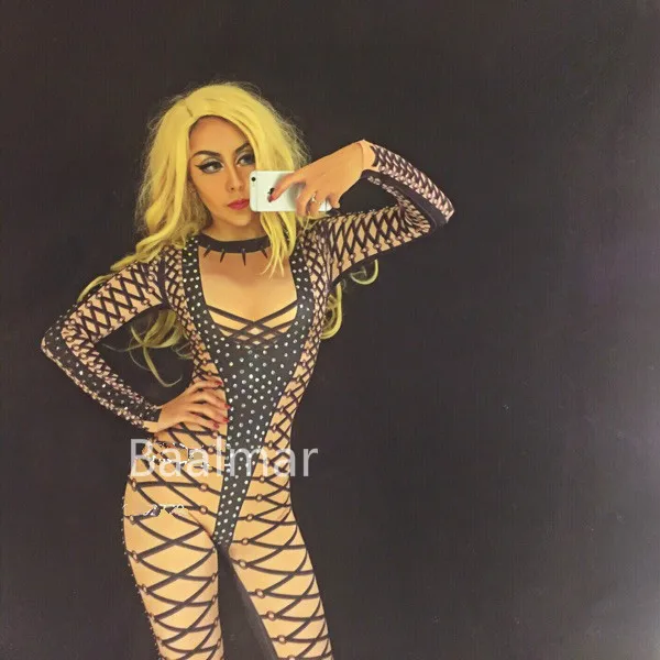 Una Partido De Ds Cantante Sola Sexy Flaco Negro Pieza Bodysuit Jumpsuit Oufit Traje Polainas Bailarina Nightclub Dj Del Rhinestones wvqpUpz