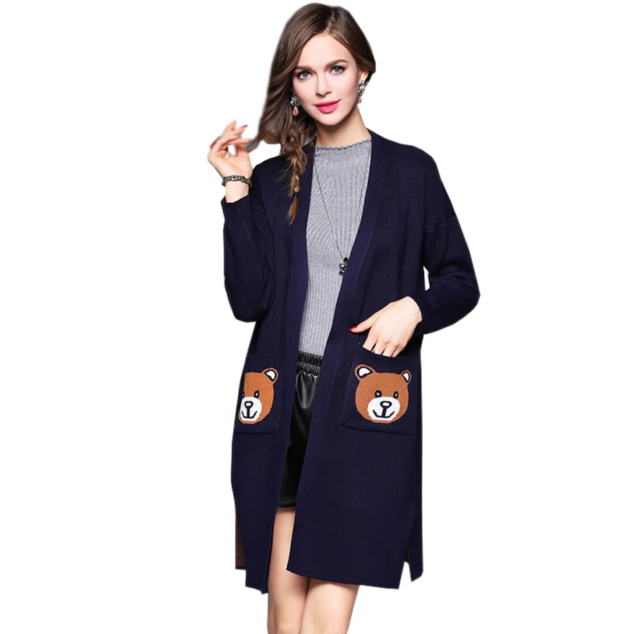 #Special Offers 2017 New Autumn Winter Fashion Long Cardigan Women Cartoon Print Open Stitch Knitted Sweater Outwear gilet femme manche longue