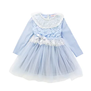 

Girls Dress Long Sleeve Lace Pearls Mesh Kids Dresses For Girl Autumn Clothing Princess Party Dress blue 3-10Y