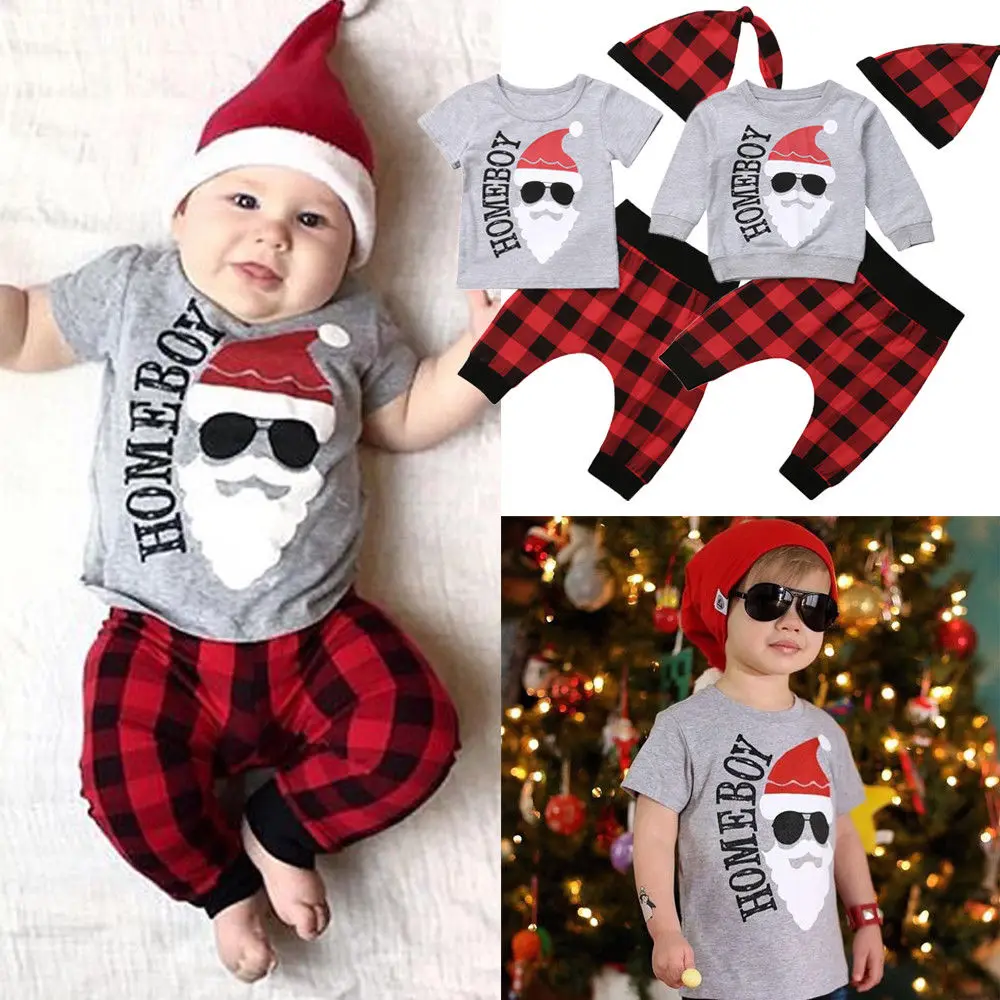 Pudcoco/Одежда для новорожденных мальчиков, Рождественский комплект из 3 предметов для мальчиков 0-18 месяцев, футболка/худи+ длинные штаны в клетку+ клетчатая шапка