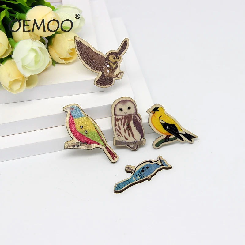 

50Pcs 40*20mm Multicolor Cute Birds Botones Knopf 2 Holes Printing Wooden Buttons Scrapbooking Sewing Accessories