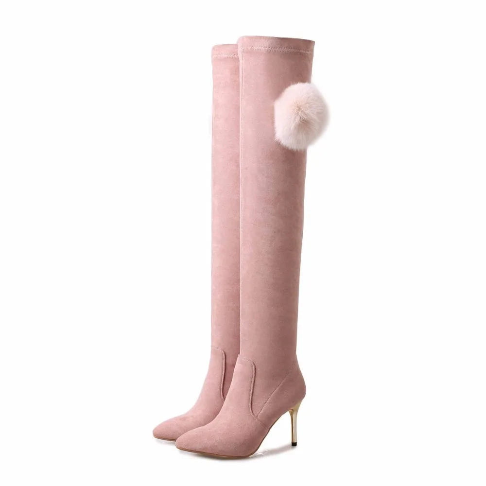 Новое поступление; брендовая зимняя обувь из фланели и меха норки; теплые сапоги до бедра; женские ботфорты на тонком каблуке с острым носком; L66
