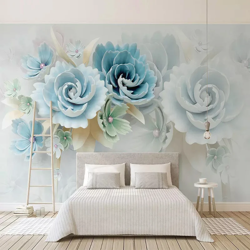 

Custom Any Size 3D Wall Murals Wallpaper 3D Stereoscopic Relief Blue Flowers Living Room TV Background Photo Wall Paper Bedroom