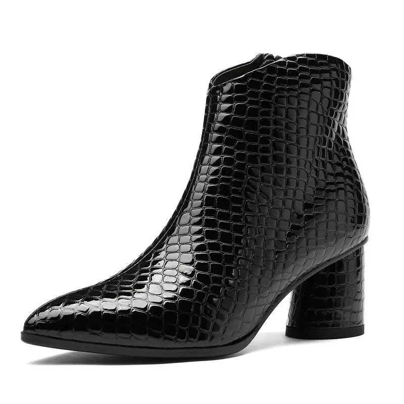 

Woman Fashion High Quality Ankle Boots Woman Round Heel Shoes crocodile print High Heel Boots Ladies Black Wine Red