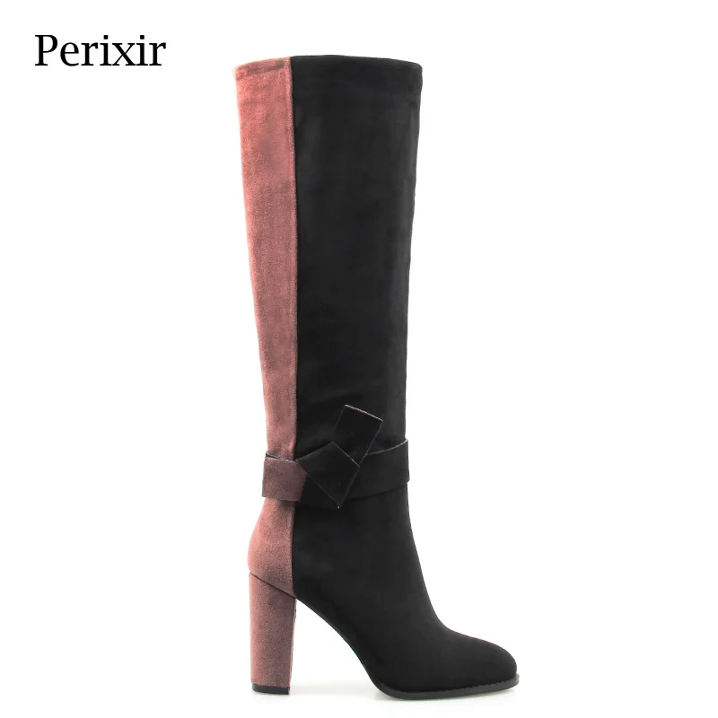 

Perixir Knee-High Suede Boots For Lady Flock Pink Black Mixed Fashion High Heels Boots Shoes Pointed Toe Square Heel Winter