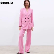 Розовый костюм с v-образным вырезом, женский модный костюм с длинным рукавом, Женский офисный элегантный приталенный пиджак с воротником, женский костюм