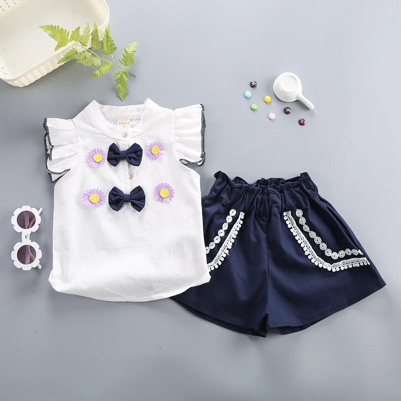 2019 летний комплект одежды для маленьких девочек, Модная хлопковая рубашка для девочек + шорты, 2 предмета, детская одежда, одежда для девочек