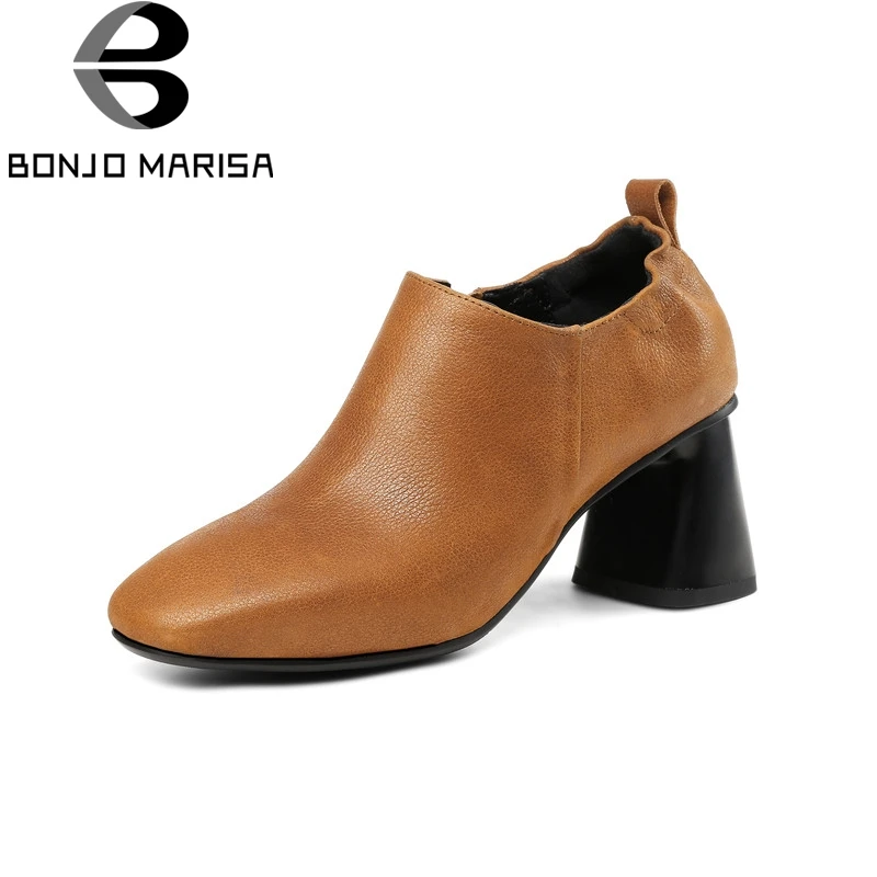 

BONJOMARISA Large Size 33-43 Cow Patent Genuine Leather Slip On Zipper Woman Shoes Square Toe Fashion High Heels Pumps