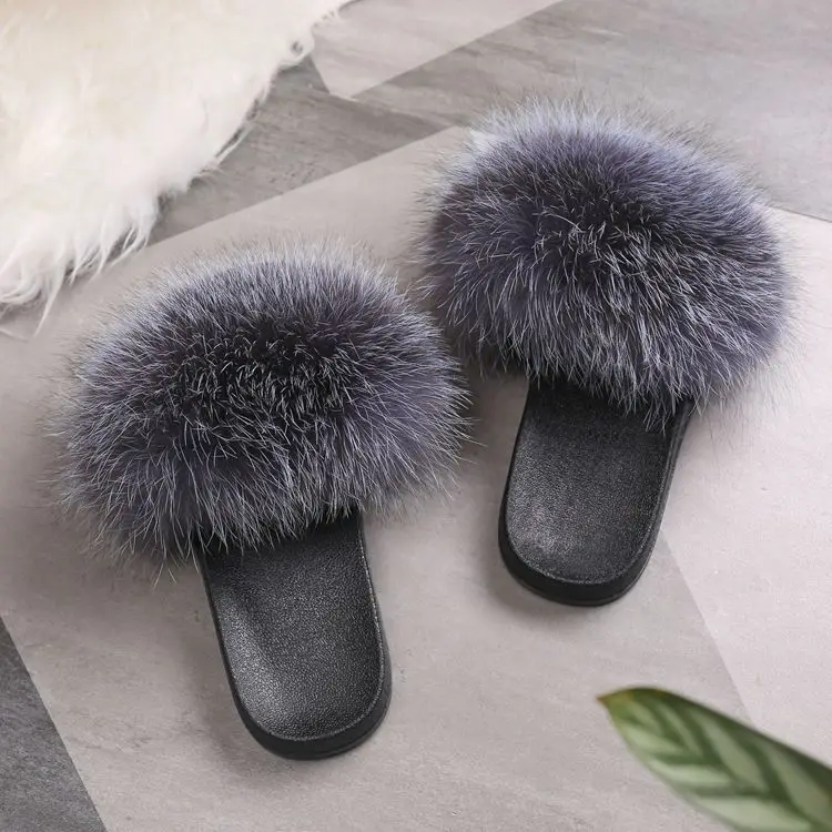Coolsa/роскошные женские сандалии с натуральным лисьим мехом; шлепанцы с мехом лисы; нескользящие повседневные домашние тапочки на резиновой подошве; мягкая женская обувь больших размеров