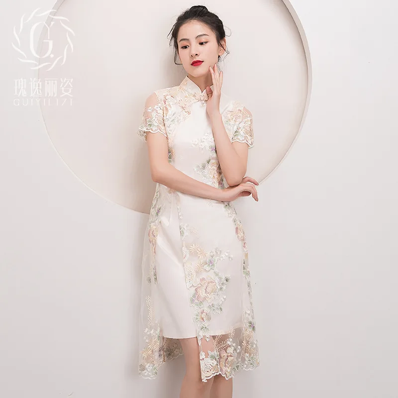 Винтажное женское китайское платье цвета шампанского на пуговицах, элегантное женское платье Ципао с коротким рукавом, милое традиционное платье Ципао трапециевидной формы, размеры XS-3XL