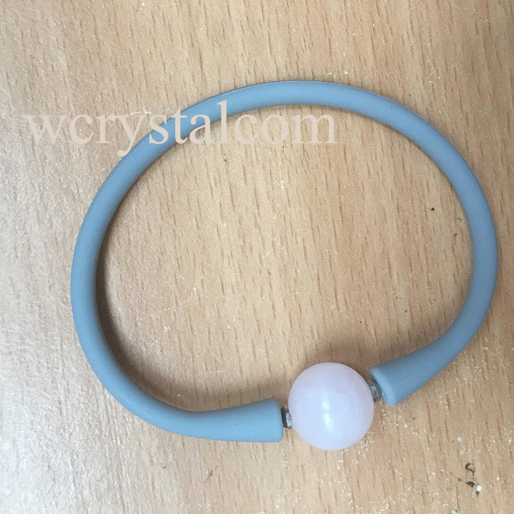 

LJHMY Natural Pink Rose Quartz Stone Bead 14mm Gray Bracelet Silicon Rubber