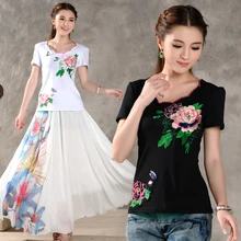New Women’s National Wind Embroidery Bubble Short-sleeved Cotton T-shirt Petal Collar Classic T-shirt