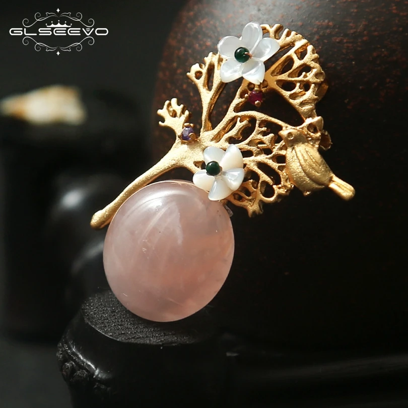 

XlentAg Natural Crystal Brooch Pins Shell Flower Birds Brooches Gift For Women Wedding Dual Use Luxury Fine Jewelry GO0132