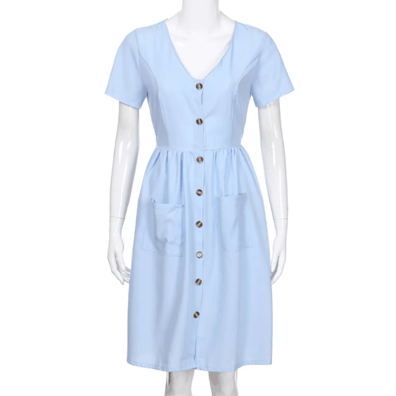 Women's Sexy Summer Dresses 2019 Boho Short Sleeve Button Solid Midi Dress Sundress With Pockets Lady Beach Party Dress Vestidos