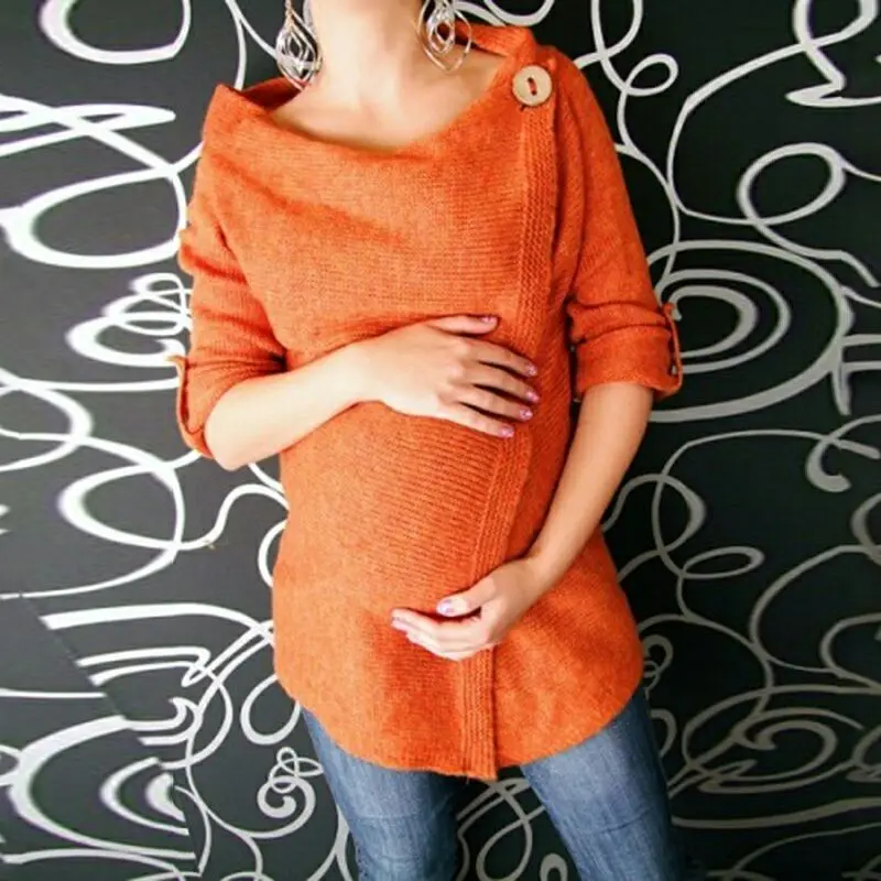

Maternity clothes Knitted Pullovers Sweater Women's Chunky Button Turtle Cowl Neck Asymmetric Hem Wrap Pullover Sweater