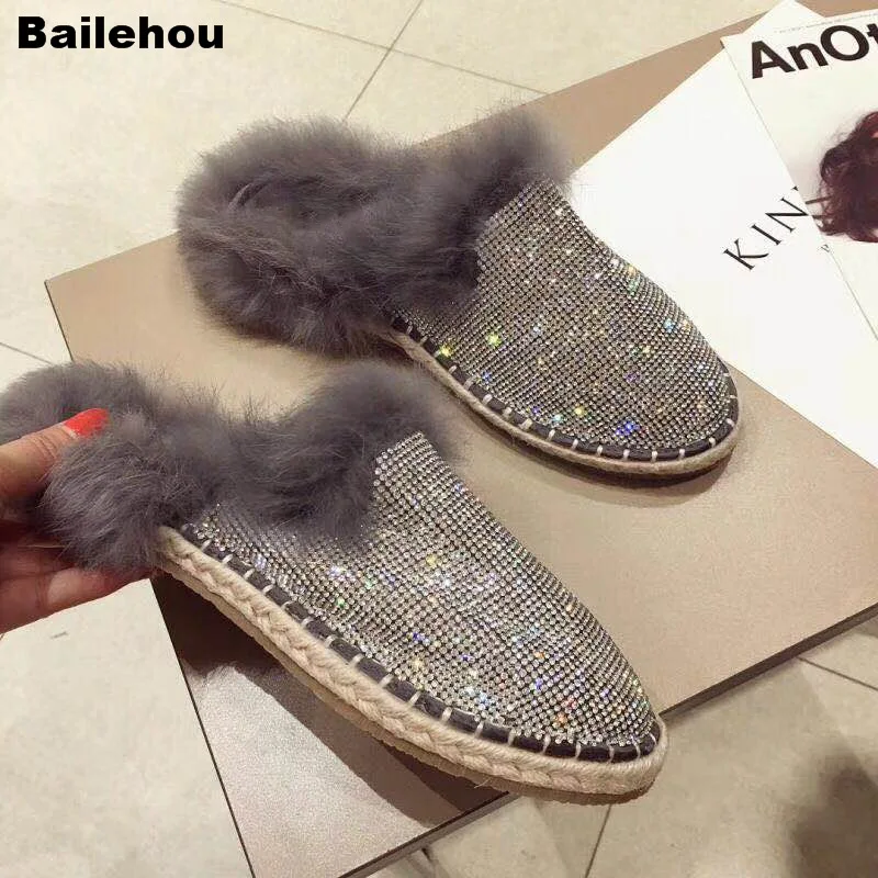 

Bailehou Women Fur Slippers Winter Warm Plush Slides Home Slipper Slip On Mules Bling Rhinestone Loafers Casual Fisherman Shoes