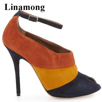 

Retro Mixed Colors Flock Peep Toe Buckle Strap Thin High Heel Cover Heel Fashion Ladies Shoes Summer Women Sandals