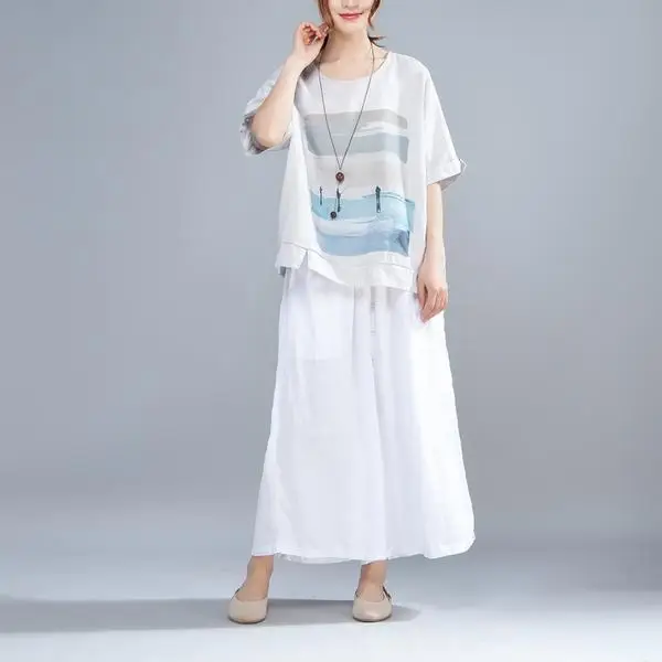 BUYKUD Women Cotton Blouse Shirt 2019 Female Clothing Short Sleeve Blusas O-Neck Grey Women's Blouses Print Casual Lady OL Top (6)