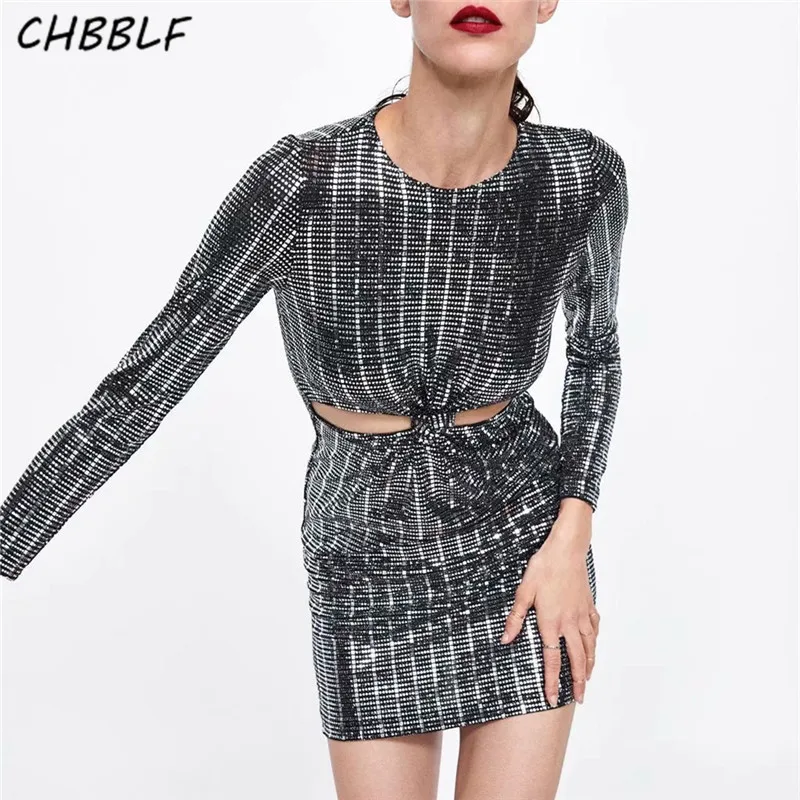 

CHBBLF women sequined shiny cut out dress long sleeve Sexy sheath female stretchy slim mini dresses vestidos mujer WEW5249