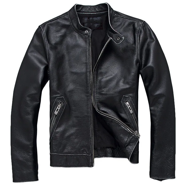 Винтажная Мужская модная куртка из коровьей кожи для мотоциклистов с воротником и вышивкой, кожаная мотоциклетная куртка из воловьей кожи