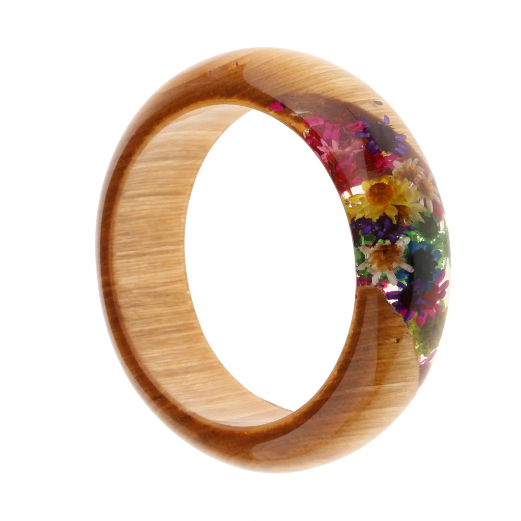 Clear Dried Flowers Incased Resin Charms Wooden Bracelet Bangle Women Girls Bohemian Jewelry Fashion