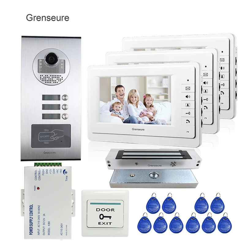 

Apartment 7" Color Video Door Phone Intercom System 3 Monitor + RFID Access Door Camera for 3 House Magnetic Lock FREE SHIPPING
