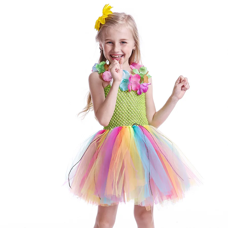 Girls Hawaiian Grass Hula Tutu Dress with Flower Garland Necklace Kids (4)