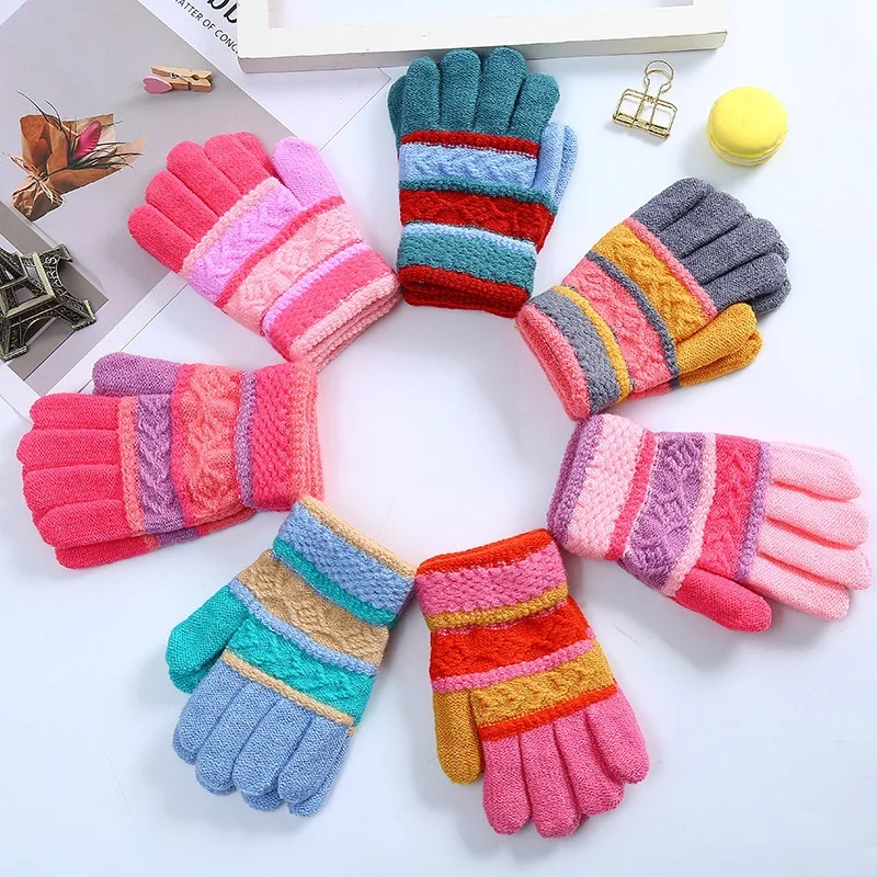 

12pair/lot 15cm Baby Five fingered Knitted Gloves Thermal Daily Wind Cold Proof Stripe Warm Simple Wholefinger Striped