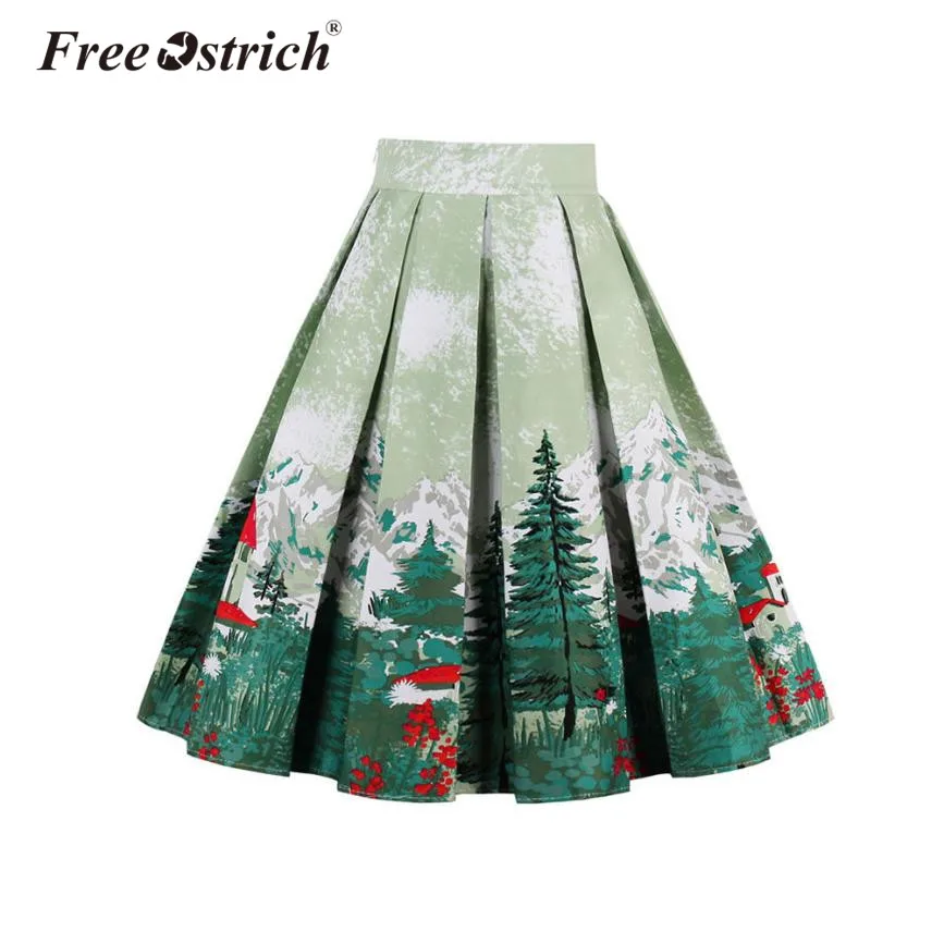 

Free Ostrich 2019 Vantage Classical Christmas Tree Printed A Line Pleated Skirt Knee Length High Waist Skirts Aldas Jupe S40