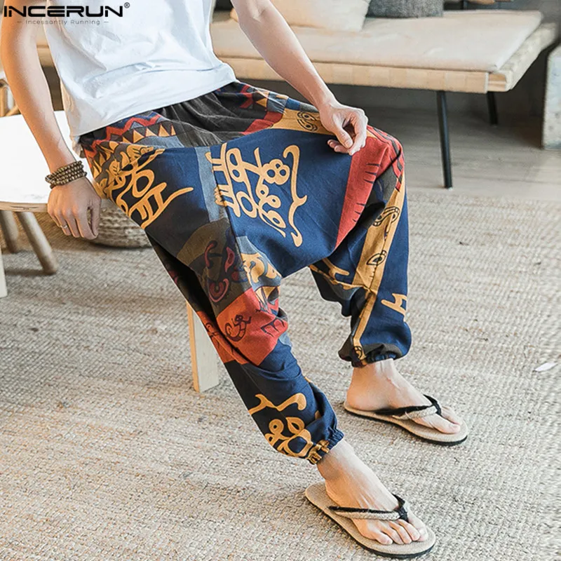 

Summer Retro Chinese Floral Men Pants Harem Cotton Linen Big Crotch Trousers Wide Leg Loose Casual Hip Hop Cross-Pants
