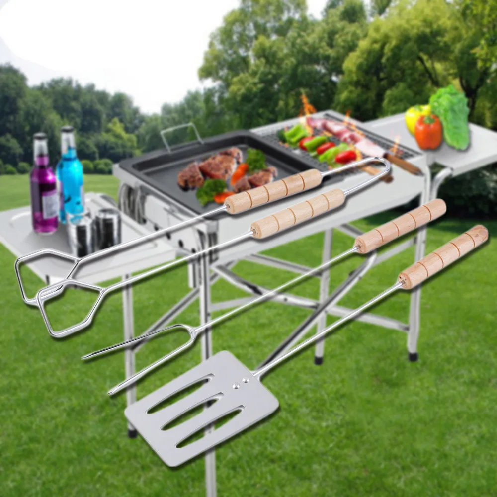 

2018 3pcs Stainless Steel Barbecue Fork Tongs Skewer Sets BBQ Roasting Grilling Tool Spatula Roasting Shovel Tongs Set