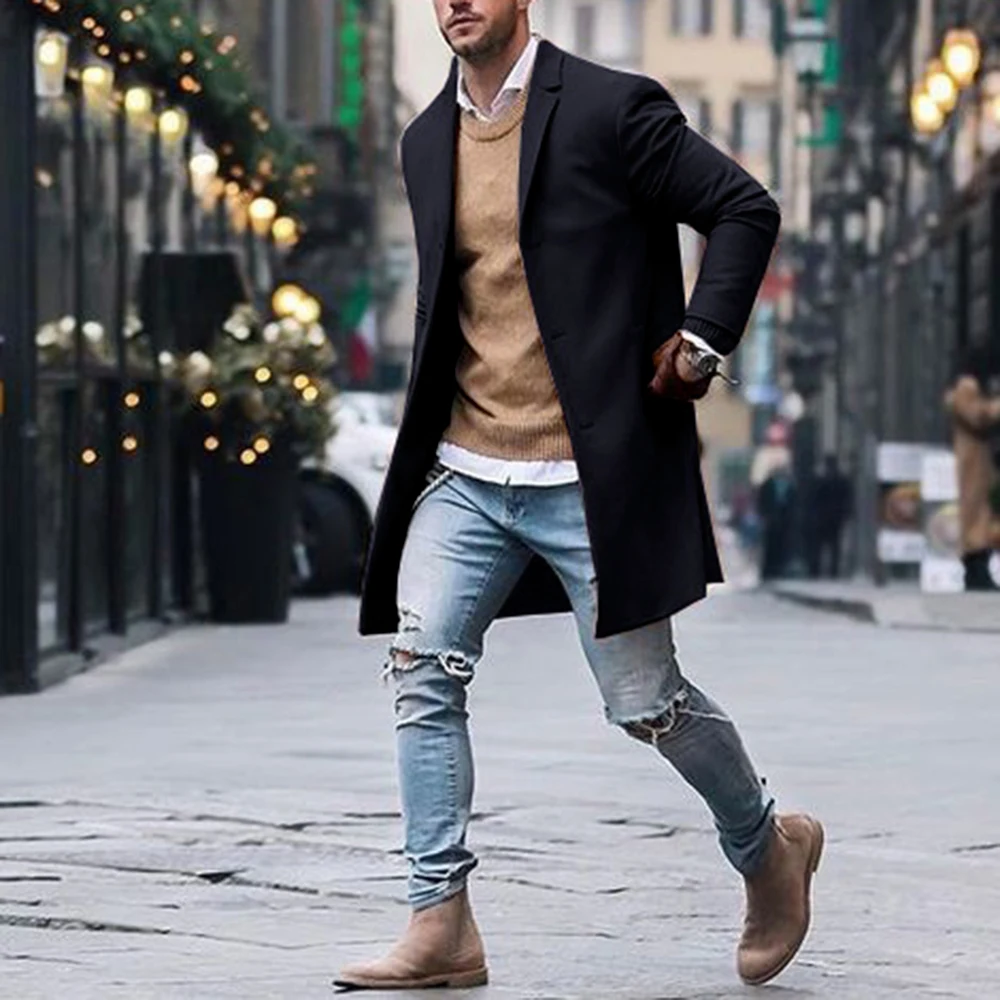 Solid Business Casual Woolen Trench Coats Male Medium Slim Collar Leisure Button Jackets Autumn Winter Fashion Tops Streetwear