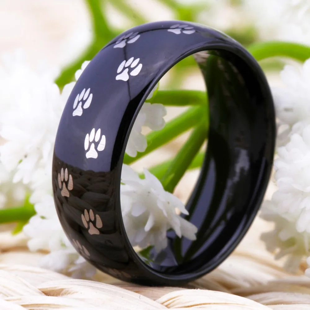 Fashion Tungsten Carbide Wedding Ring For Women Classic Black Ring Animal Doggy Paw Print Design Party Ring Engagement Rings