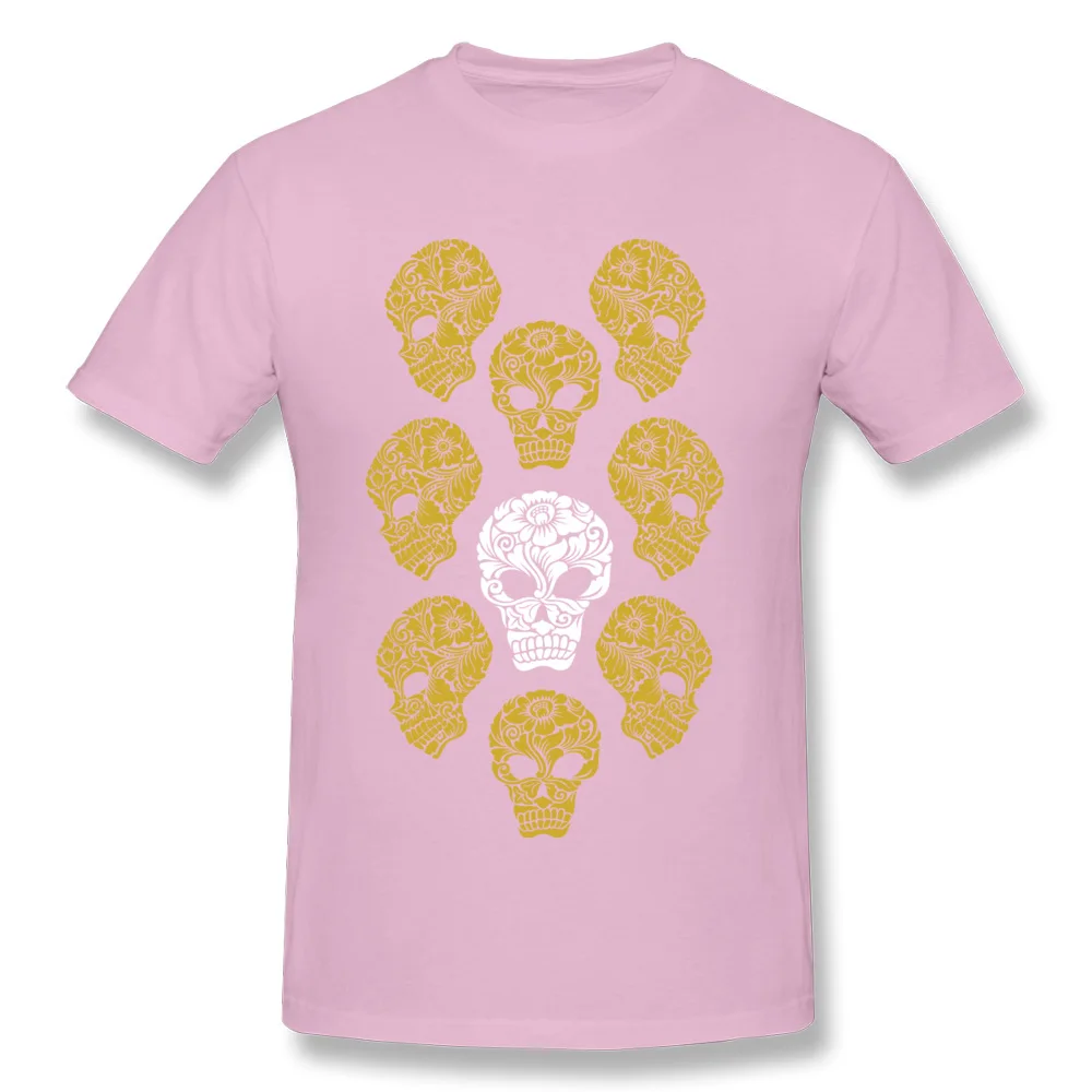 Graphic Mens T Shirt White and gold skull heads Simple Style Tees Pure Cotton Short Sleeve Personalized Sweatshirts Round Neck White and gold skull heads pink
