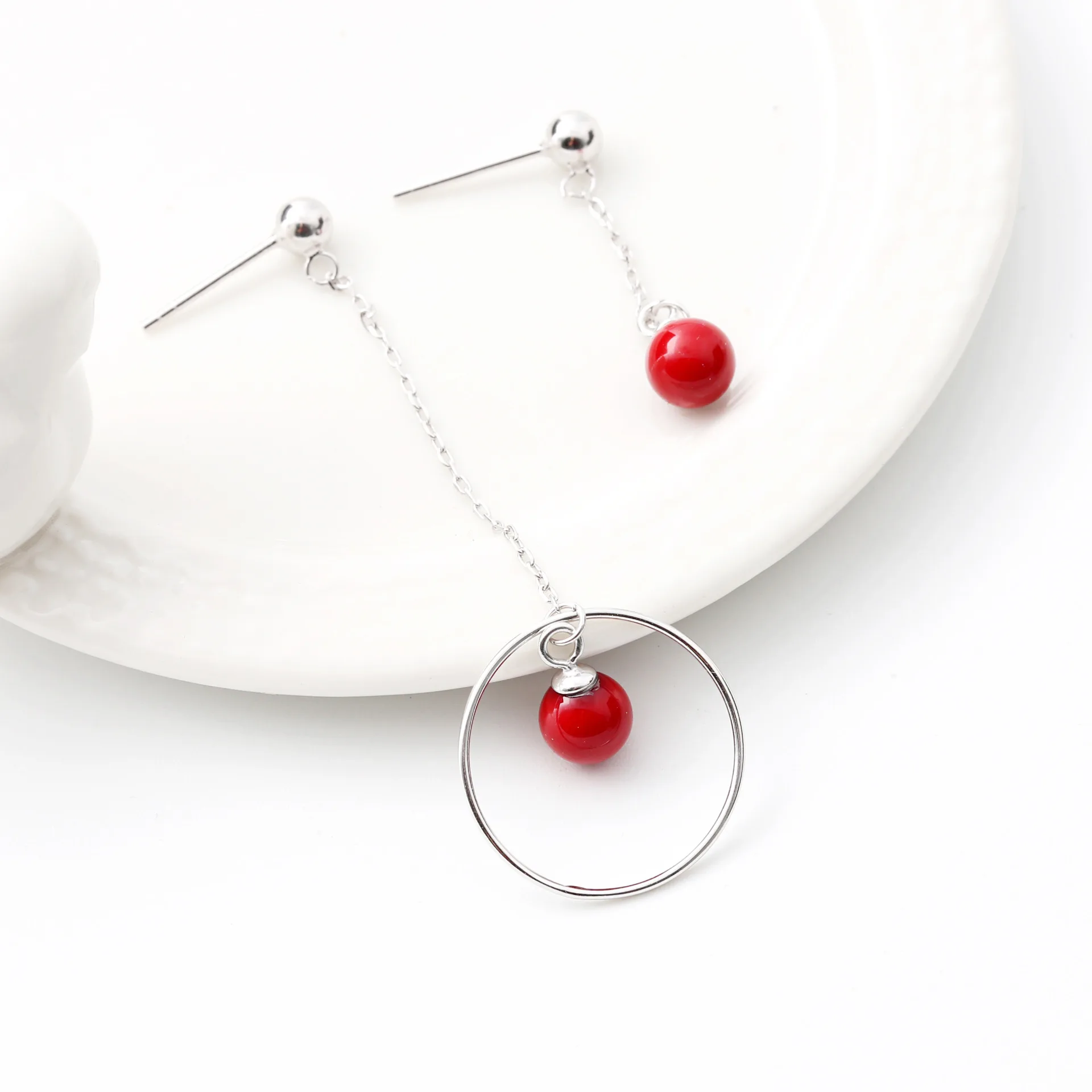 red bead circle earrings 100% 925 Sterling silver Jewelry fashion Hypoallergenic dangle earrings for women gift charms
