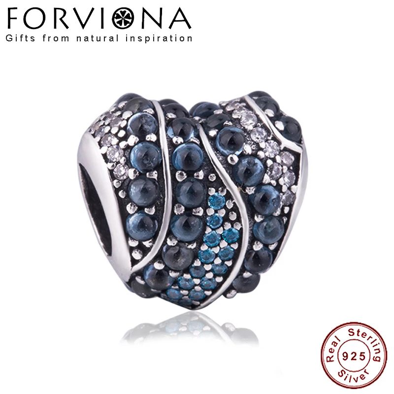 

Romantic Authentic 925 Sterling Silver Aqua Heart Charm Beads fit Original Pan Charm Bracelet Fine Jewelry Making