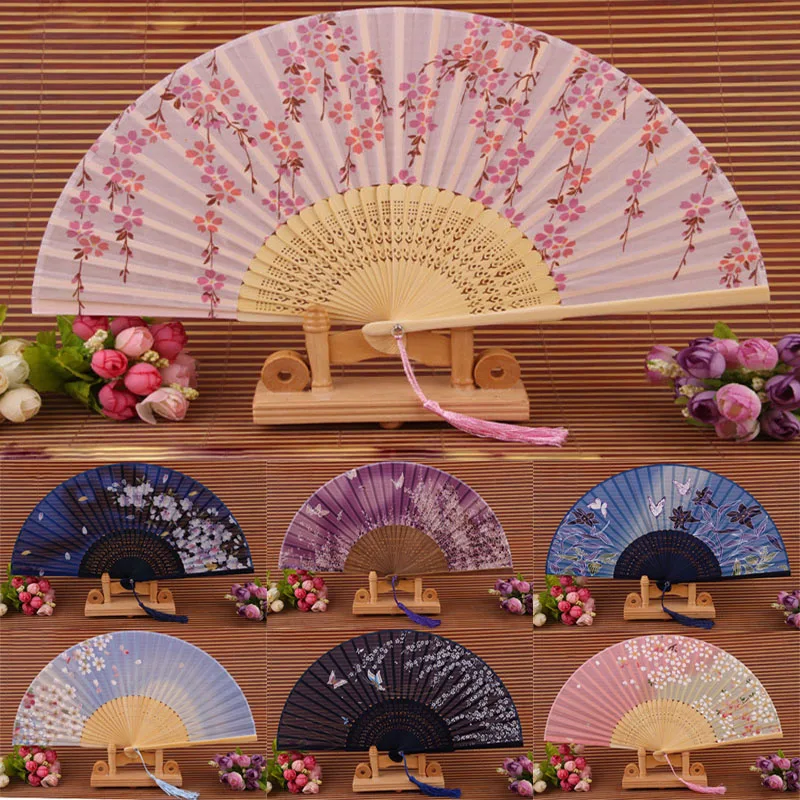 Chinese Black Hand Held Bamboo Silk Butterfly /& Flower Folding Fan Wedding Decor
