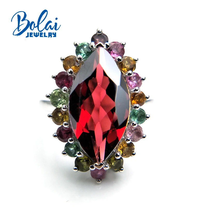 

Bolaijewelry,Colorful shiny Luxury natural Gemstone ring garnet fancy color tourmaline Fine jewelry 925 sterling silver for lady