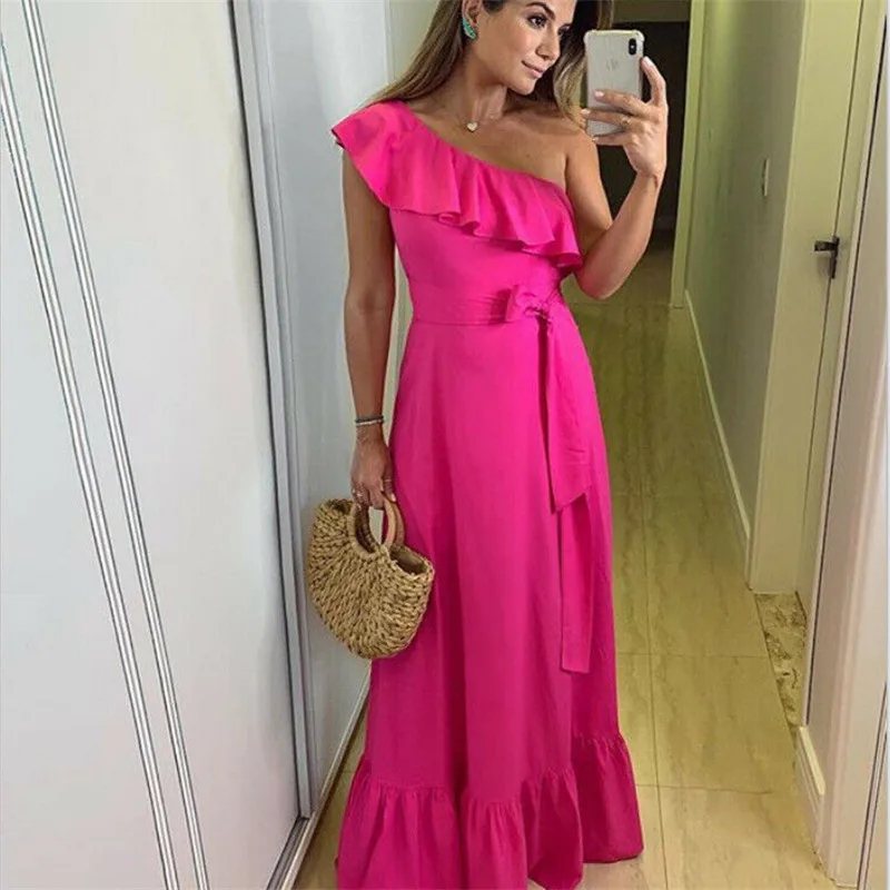 

Women's Bohemian One-Shoulder Ruffled Bandage and Ground Dress Rose Pink Irregular Neckline Vacation Casual Dress Sizes S-XL
