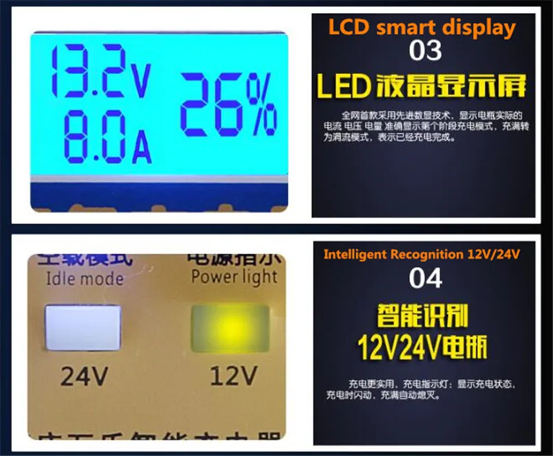 Умный автоматический 12 V/24В, автомобильная лампа для хранения Батарея Зарядное устройство ЖК-дисплей 5-ти ступенчатый интеллигентая(ый) ремонт импульса для свинцово-кислотный литиевая Батарея 6-100AH