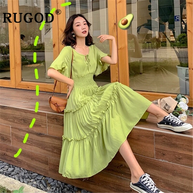 

RUGOD Korean Chi Ruffles maxi dress women Elegant flare sleeve summer beach dresses lady Fashion V neck lace up plus size dress