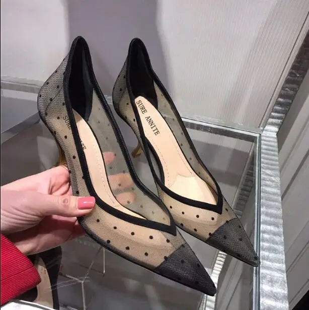 

2019 new bud silk screen yarn point breathable banana cat with shallow mouth pointed thin fairy shoes high-heeled shoes